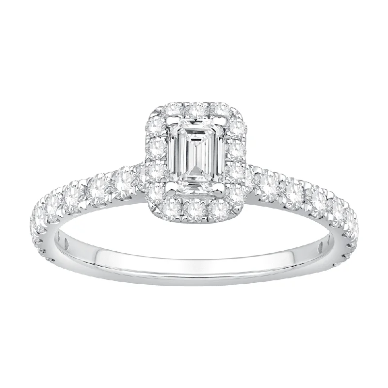 romantic necklaces for women -timeless necklaces for women -Emerald Cut Halo Ring with 1.10ct of Laboratory Grown Diamonds in 9ct White Gold