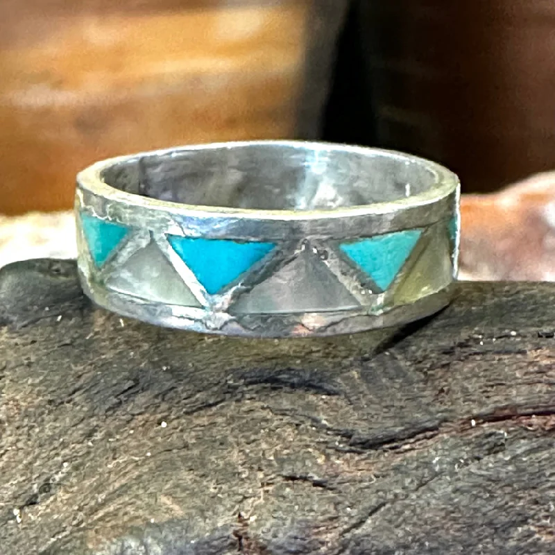 Vintage Sterling Silver Turquoise Mother of Pearl Inlay Band Ring Size  8