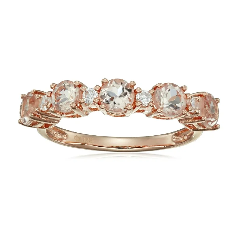 Rose Gold Plated Silver Morganite & Natural White Zircon Band Ring - peach