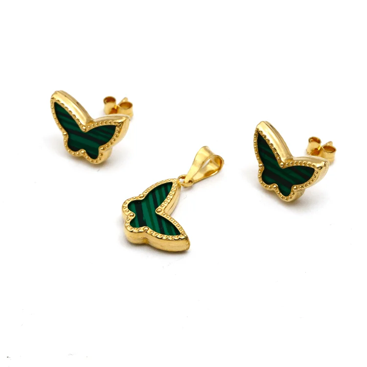 colorful earrings for women -trendy earrings for women -Real Gold Butterfly Green Pearl Earring Set + Pendant GZJVN0285 SET1059