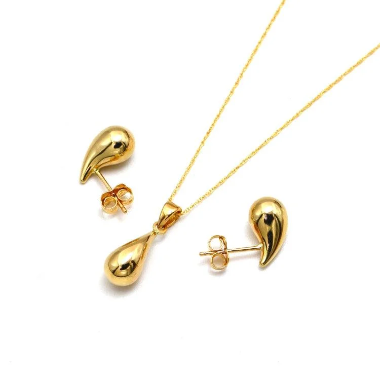 heart-shaped earrings for women -gemstone earrings for women -Real Gold 3D Teardrop Water Drop Earring Set 9138 with Pendant 5084 and Chain - SET1070