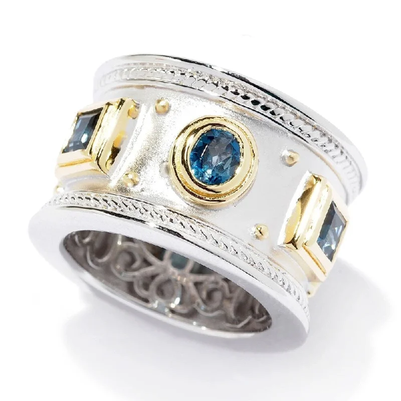 Sterling Silver Two-tone London Blue Topaz Etruscan Wide Band Ring