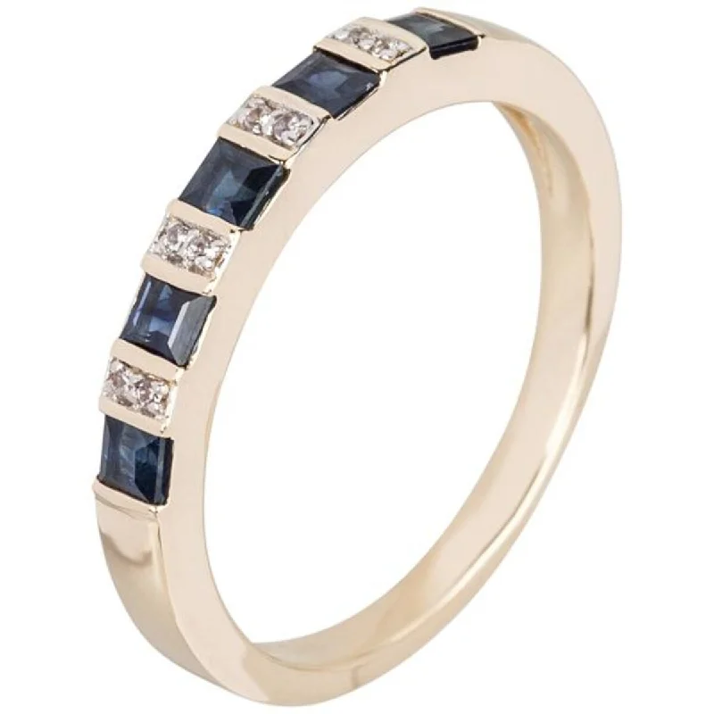 14K Gold Blue Sapphire and White Natural Zircon Band Ring