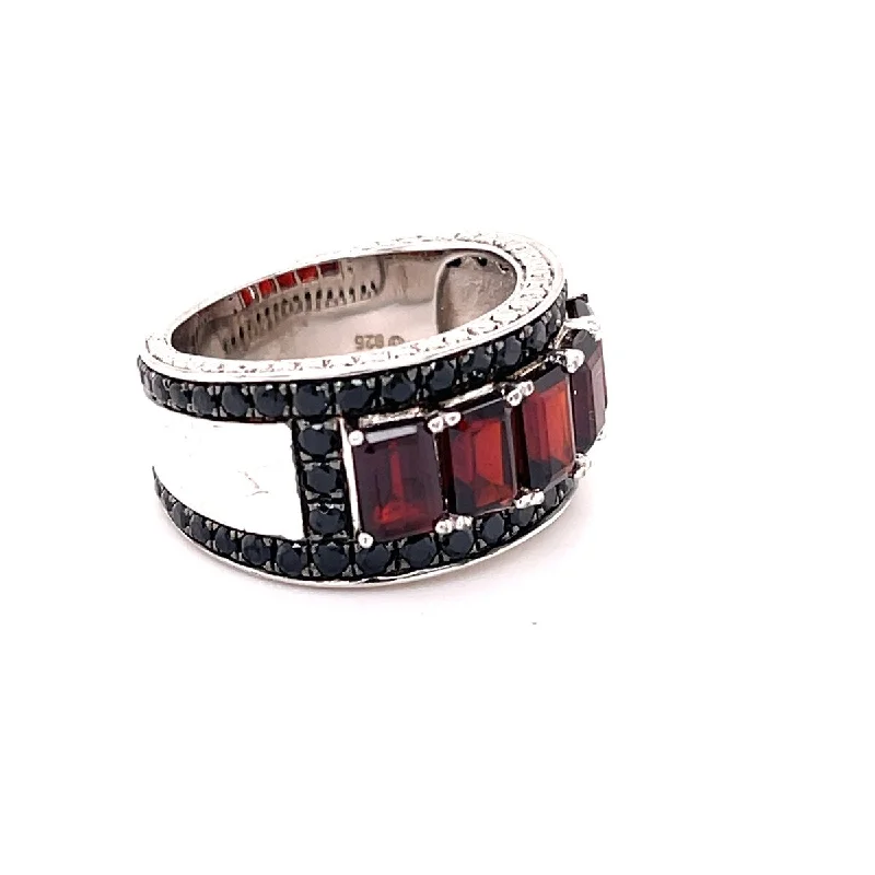 925 Sterling Silver Black Spinel and Red Garnet Gemstone Band Ring