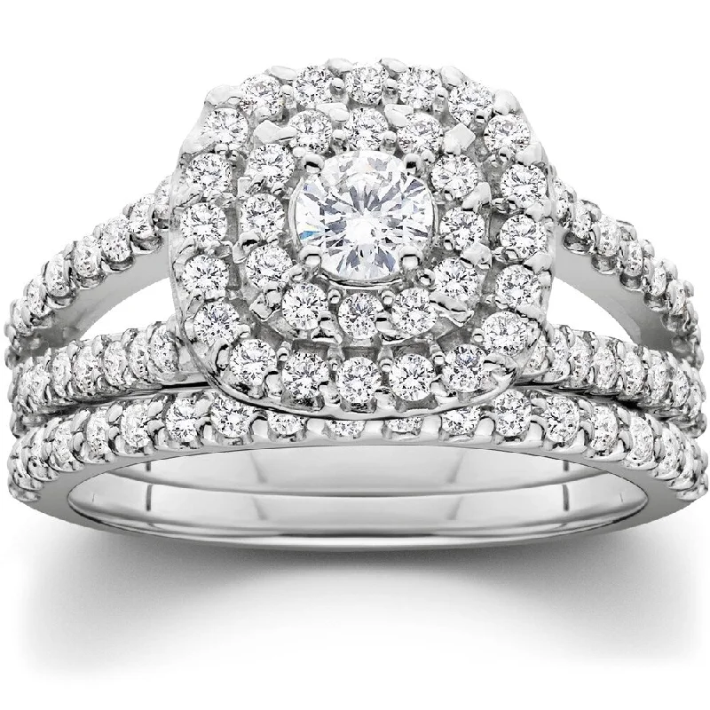 unique engagement rings for women -unique engagement rings for brides -trendy engagement rings for women -EX3 10k White Gold 1 1/10 Ct Cushion Halo Diamond Engagement Wedding Ring Set Lab Grown (G/VS)