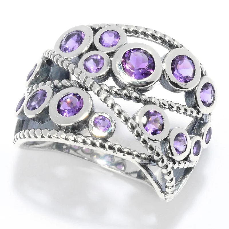 Sterling Silver Round Amethyst Beaded Wide Band Ring