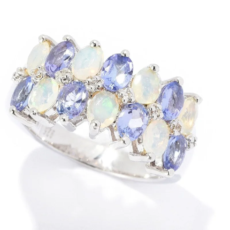 Sterling Silver Ethiopian Opal, Tanzanite & White Zircon Band Ring