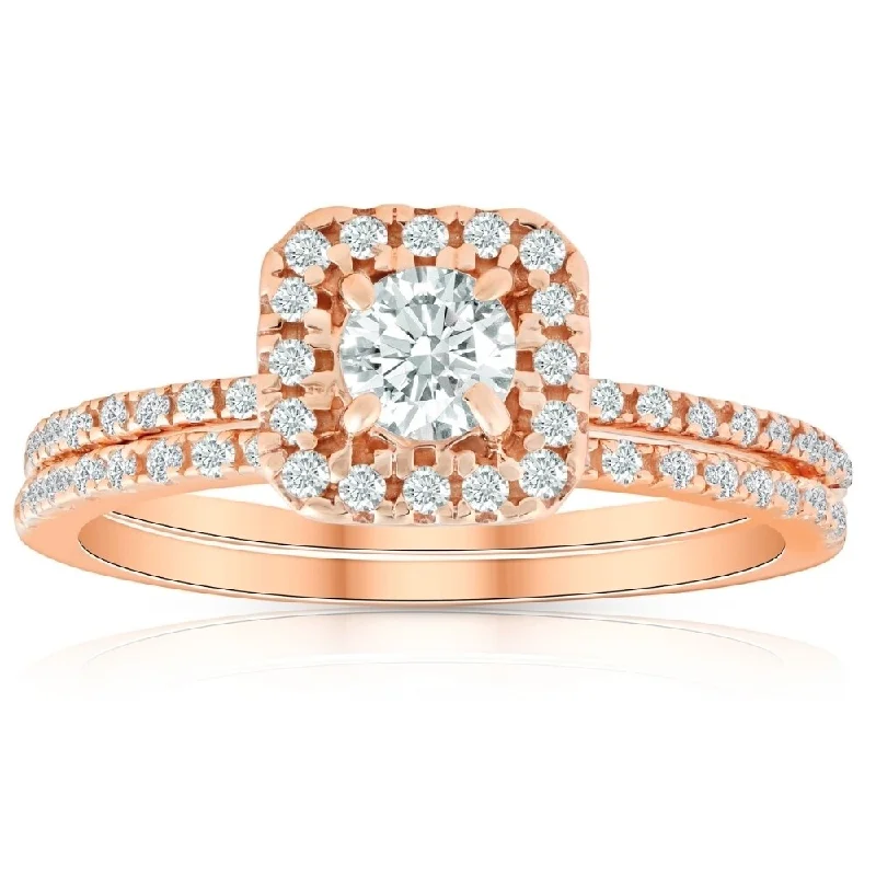 vintage-style rings for women -trendy engagement rings for modern brides -wedding rings and engagement rings sets -5/8 Ct TDW Diamond Cushion Halo Engagement Wedding Ring Set Rose Gold