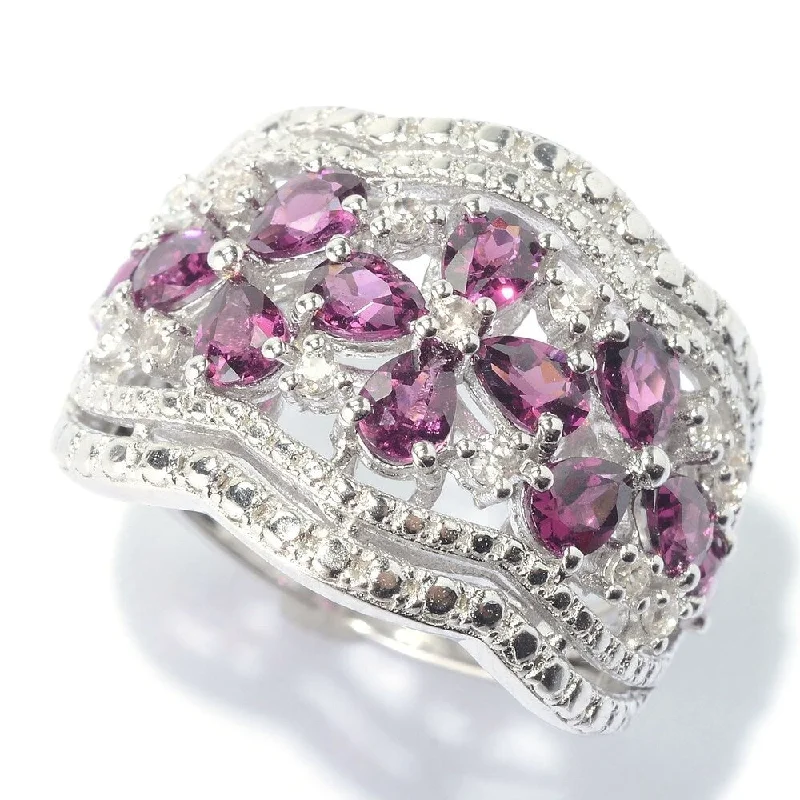 Rhodolite & White Zircon Floral Scalloped Wide Band Ring