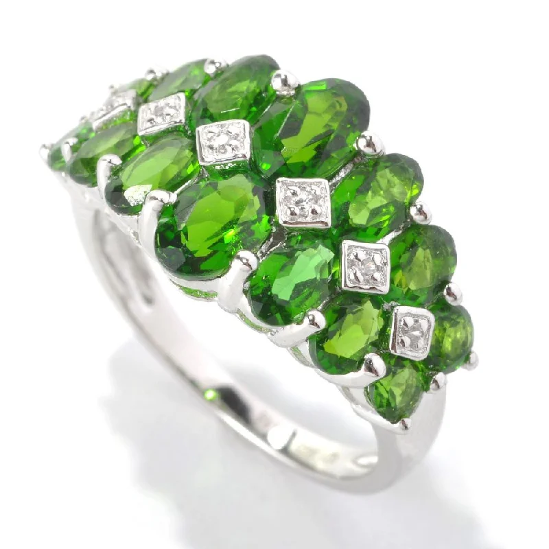 Platinum Over Sterling Silver Chrome Diopside and Diamond Accent Graduated Band Ring