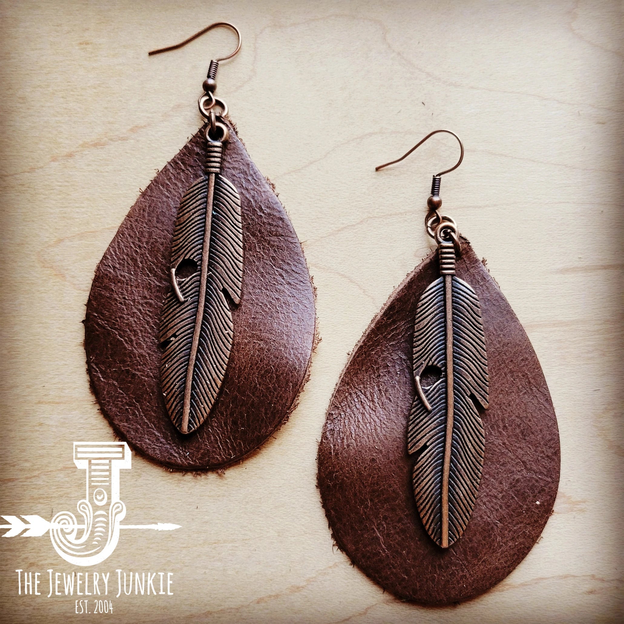 silver drop earrings for women -gemstone earrings for women -Leather Teardrop Earrings with Copper Feather