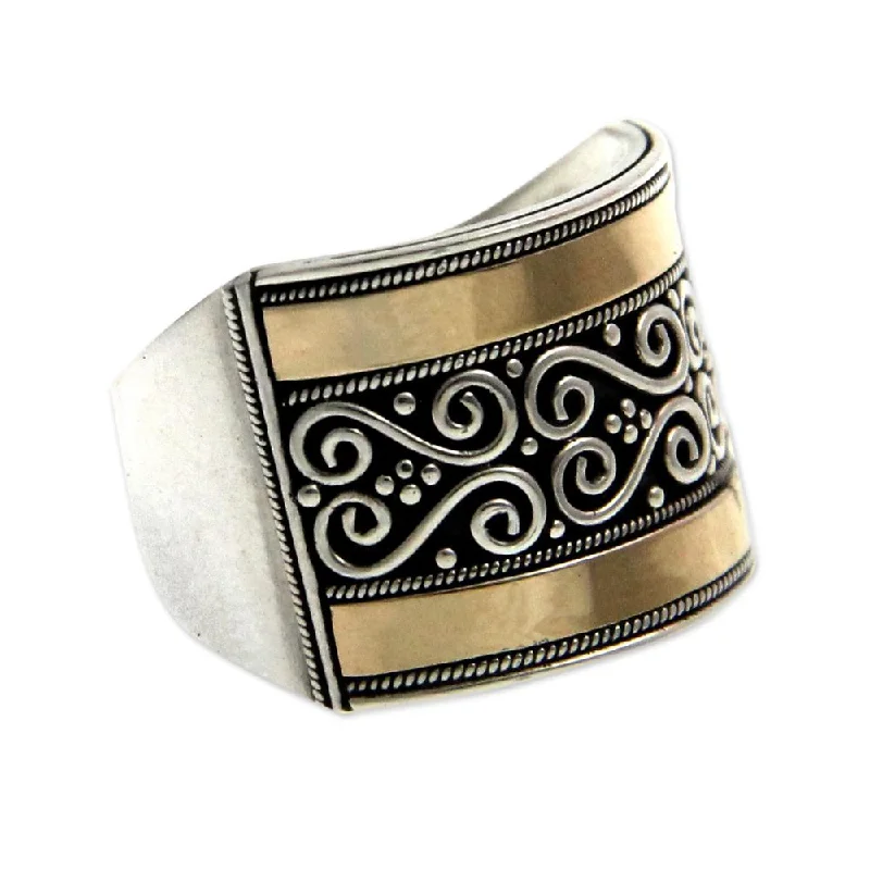 NOVICA Handmade Gold Accent Sterling Silver 'Celuk Gates' Band Ring (Indonesia)