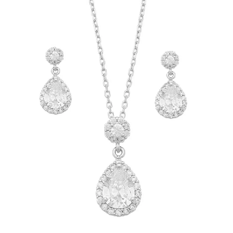 friendship necklaces for women -zodiac necklaces for women -Pear Halo and Round Halo Stud Earring and Necklace Set with Cubic Zirconia in Sterling Silver