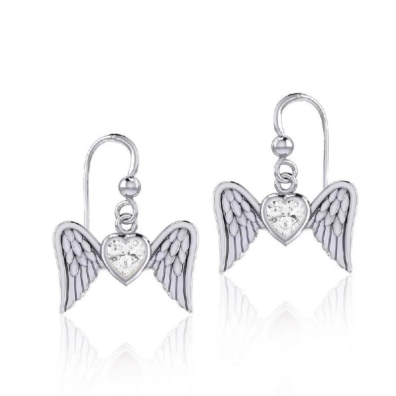 wedding earrings for women -gold hoop earrings for women -Gemstone Heart and Flying Angel Wings Silver Earrings TER1782