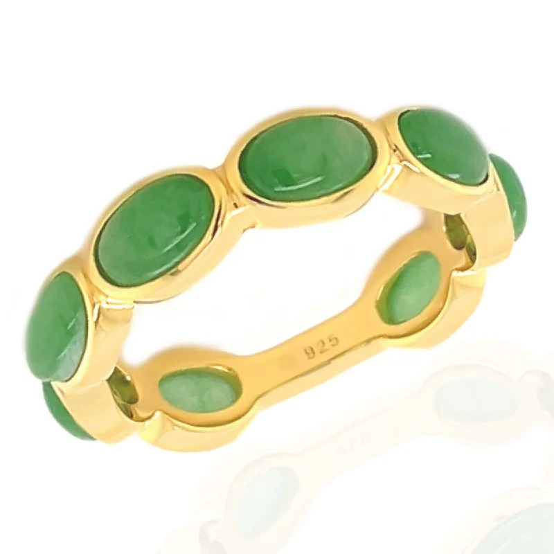 18k Yellow Gold Plated Over Sterling Silver Dyed Green Jade Gemstone Band Ring