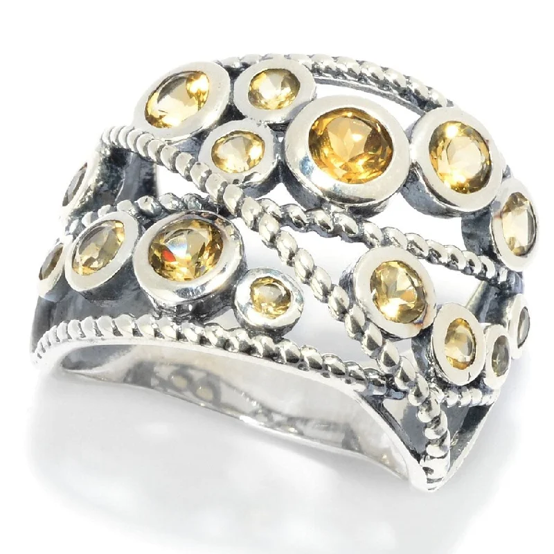 Sterling Silver Round Citrine Beaded Wide Band Ring