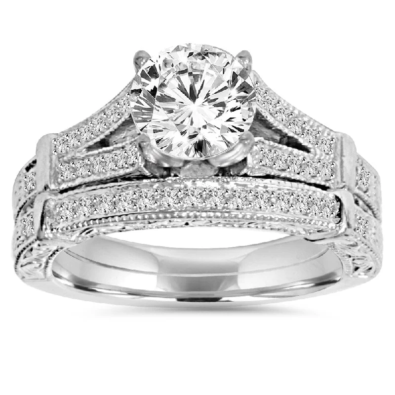 wedding band sets for women -elegant engagement rings for women -sparkly diamond engagement rings for women -14k White Gold 2 ct TDW Clarity Enhanced Diamond Vintage Engagement Wedding Ring Set