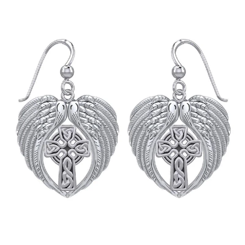 colorful earrings for women -silver earrings for women -Feel the Tranquil in Angels Wings Sterling Silver Earrings with Celtic Cross TER1893