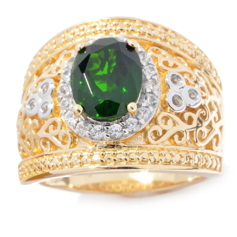 Yellow Vermeil Over Sterling Silver Chrome Diopside/ White Zircon Wide Band Ring