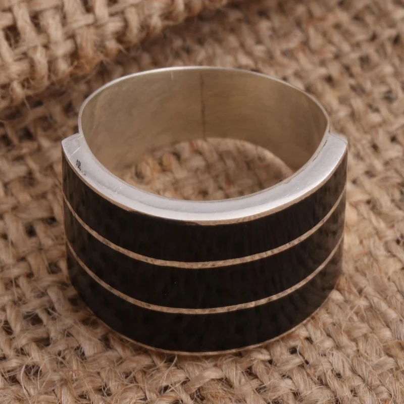 Novica Handmade Band Of Three - Black Sterling Silver Band Ring