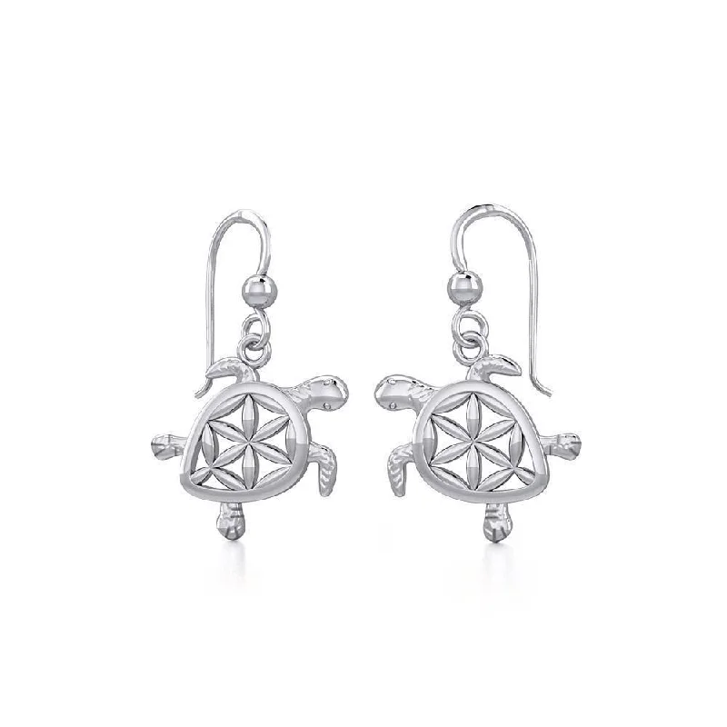 diamond drop earrings for women -personalized earrings for women -Swimming Turtle with Flower of Life Shell Silver Earrings TER1786