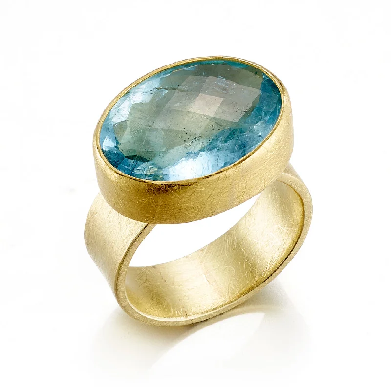 Faceted Oval Aquamarine Wide Band Ring