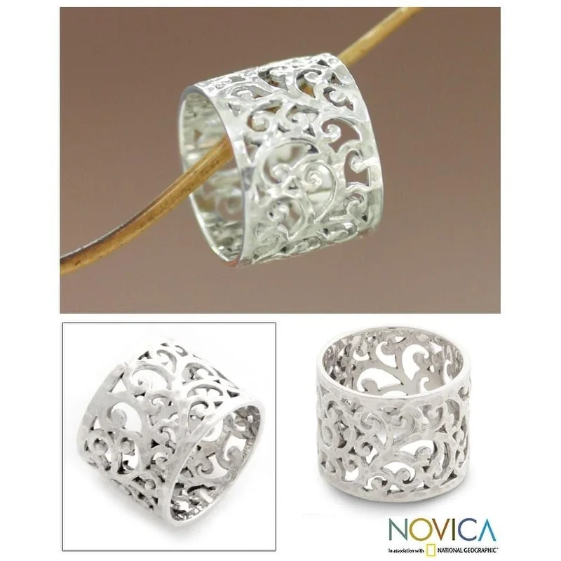 NOVICA Handmade Sterling Silver Floral Jewelry Band Ring