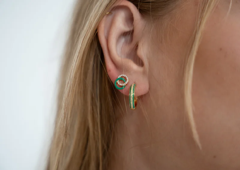 dangle earrings for women -vintage earrings for women -SMALTO - Silver 925 Gold Plated & Green Enamel Hoop Looped Earrings