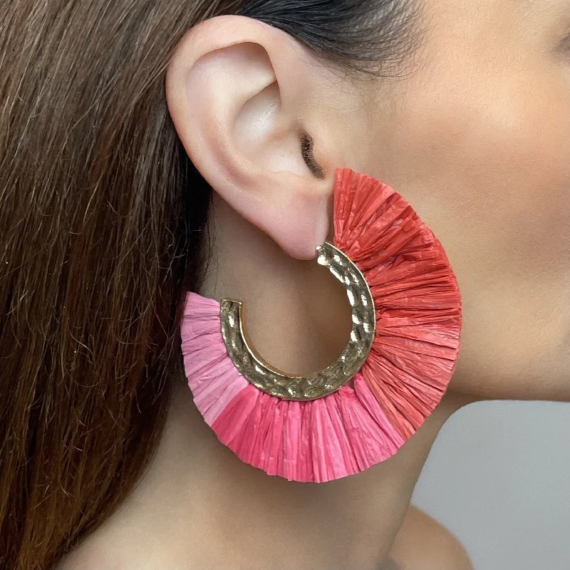 matching earrings and necklace sets -diamond stud earrings for women -Pink Paradise Raffia Hoops