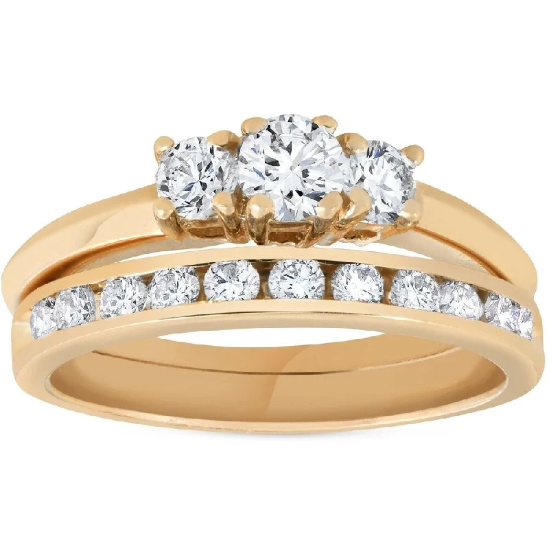 rose gold rings for women -matching engagement rings for couples -affordable diamond engagement rings for women -Pompeii3 14k Yellow gold 1 ct TDW Three Stone Diamond Engagement Channel Wedding Ring Set - White