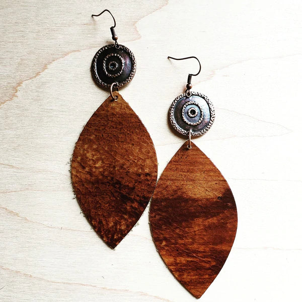 trendy stud earrings for women -trendy earrings for women -Leather Oval Earrings in Multi Colored Brown with Copper Accent