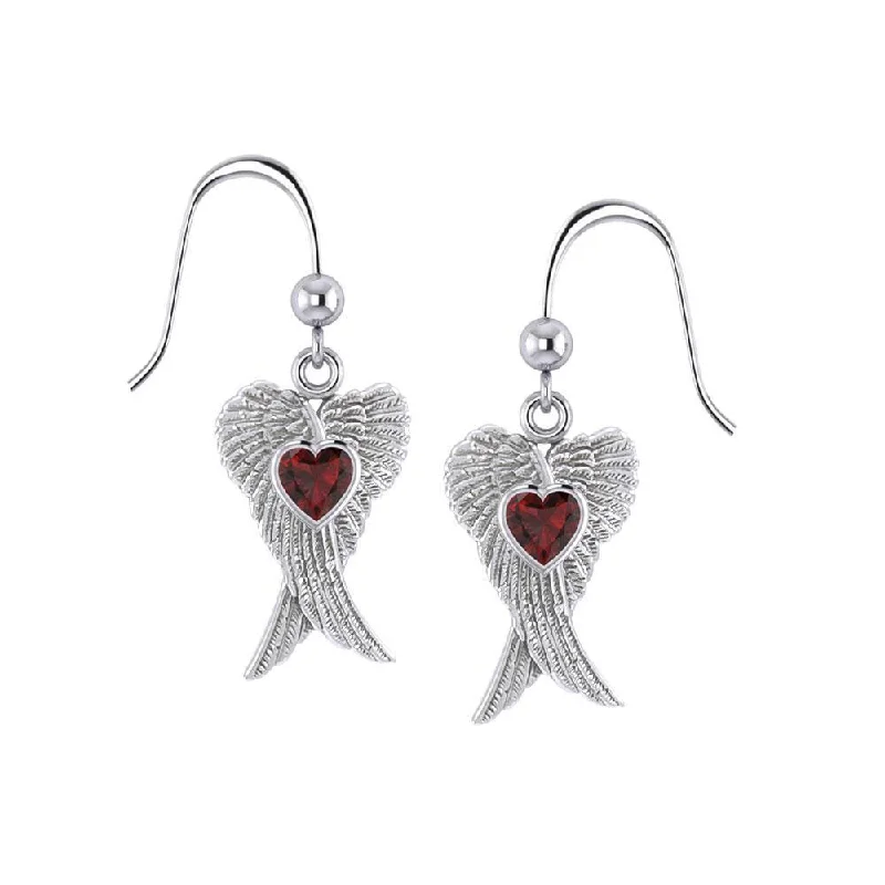 gemstone drop earrings for women -sterling silver earrings for women -Heart Gemstone and Double Angel Wings Silver Earrings TER1744