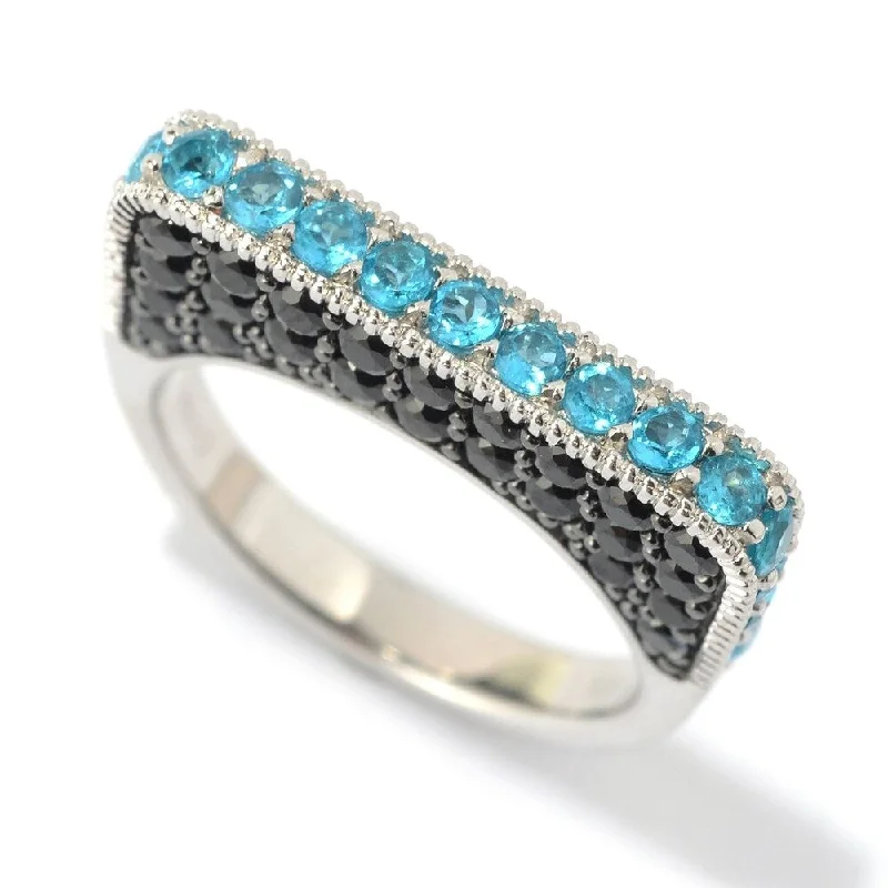 SS/ 2.7ctw Neon Apatite & Black Spinel Flat Top Stack Band Ring