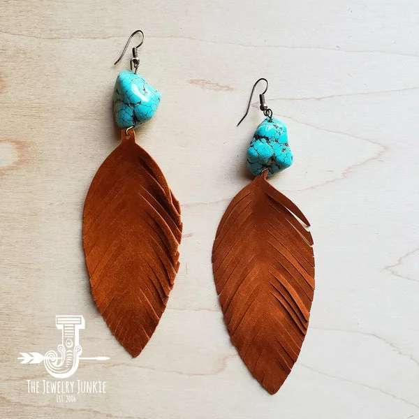 big hoop earrings for women -vintage earrings for women -Tan Suede Feather Earrings with Turquoise Chunks