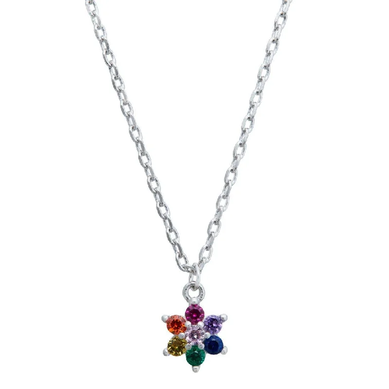 bridal pendant necklaces for women -statement pendant necklaces for women -Rainbow Cubic Zirconia Flower Necklace in Sterling Silver