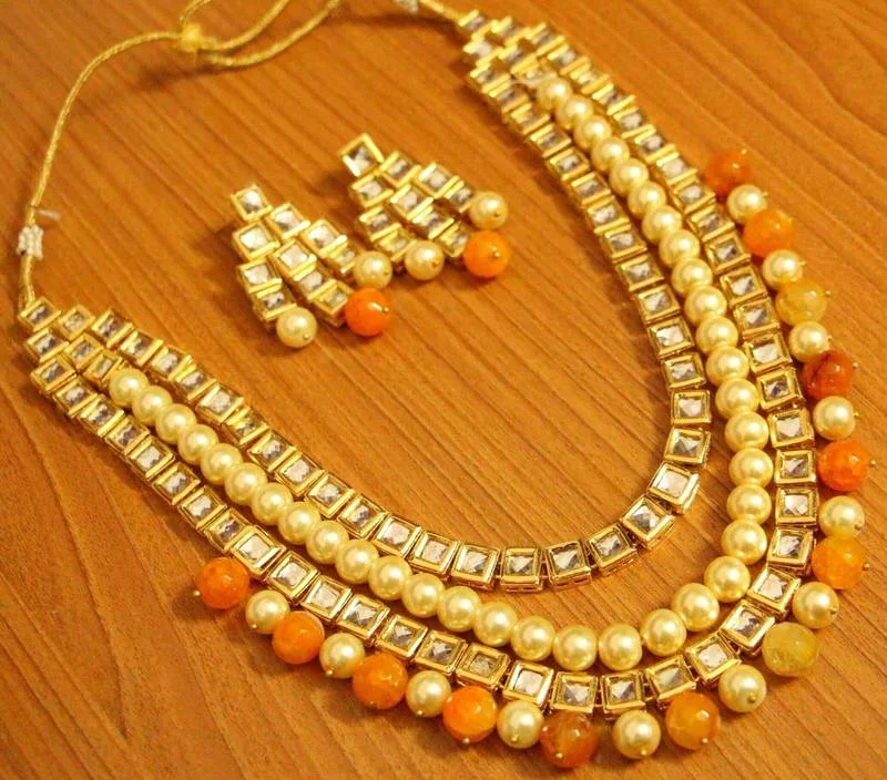 crystal necklaces for women -layered necklaces for women -Kundan Meenakari Ethnic Orange and Pearl Bead Necklace Set