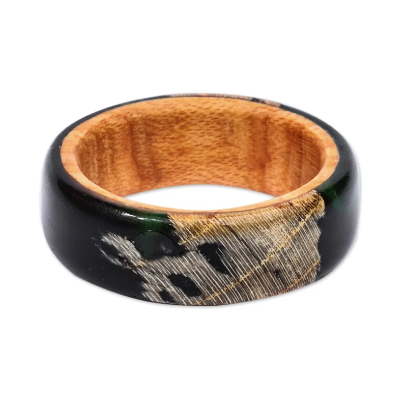 Novica Handmade Chic Darkness Wood And Resin Band Ring