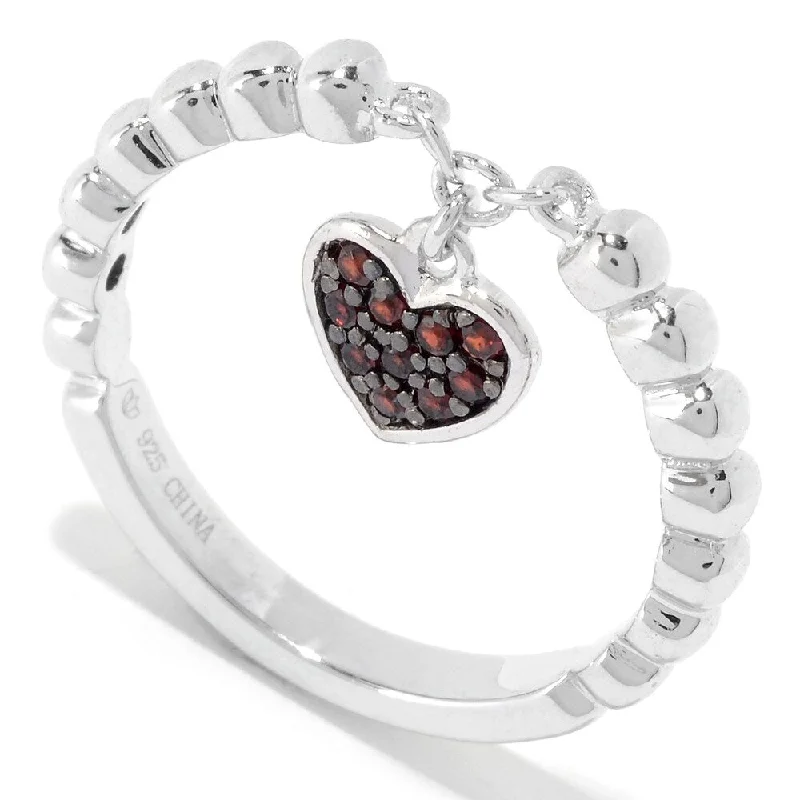 Sterling Silver Round Red Garnet Dangle Charm Stack Band Ring