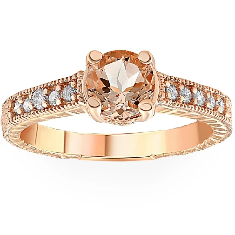 stackable gold rings for women -twisted engagement rings for women -heirloom-style engagement rings -1 Ct Morganite & Diamond Vintage Engagement Anniversary Ring in 14k Rose Gold