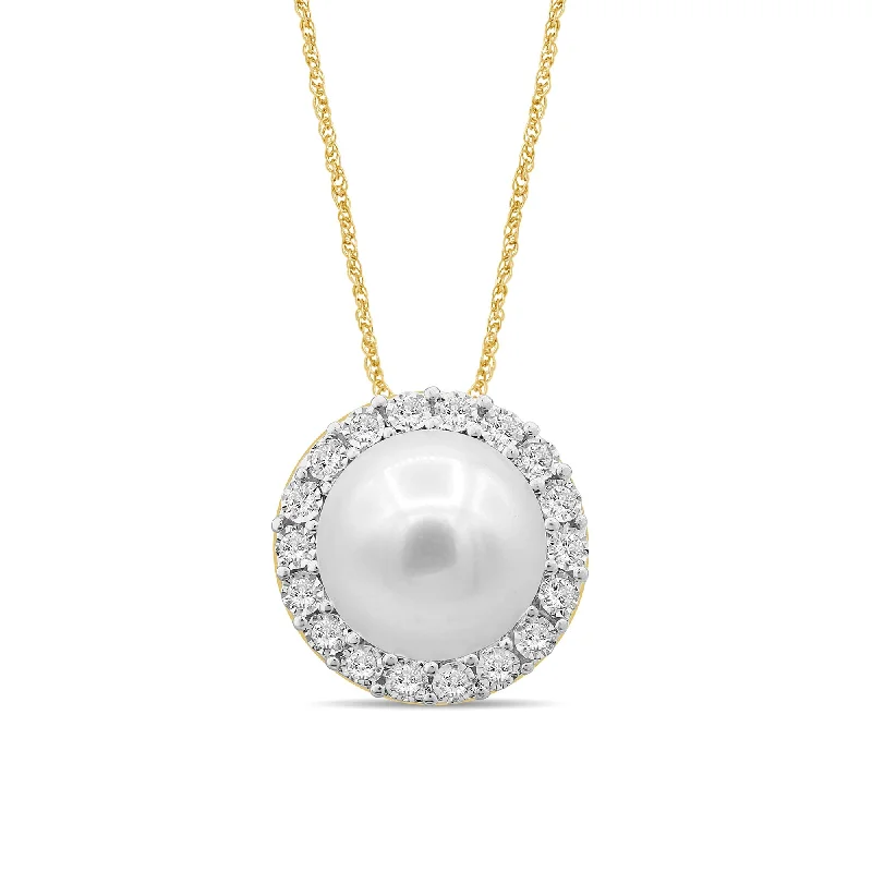 long chain necklaces for women -classic chain necklaces for women -Pearl Halo Slider Necklace with 0.05ct of Diamonds in 9ct Yellow Gold