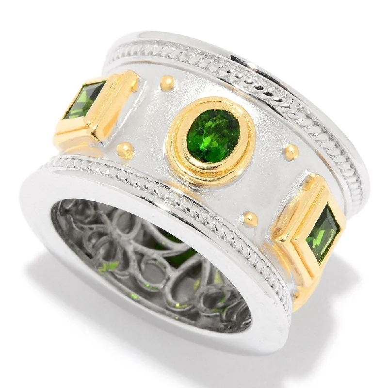 Sterling Silver Two-tone Chrome Diopside Etruscan Wide Band Ring