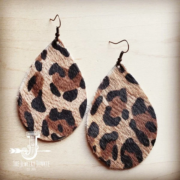 luxury diamond earrings for women -statement drop earrings for women -Leather Teardrop Earrings in Leopard Print Hair on Hide