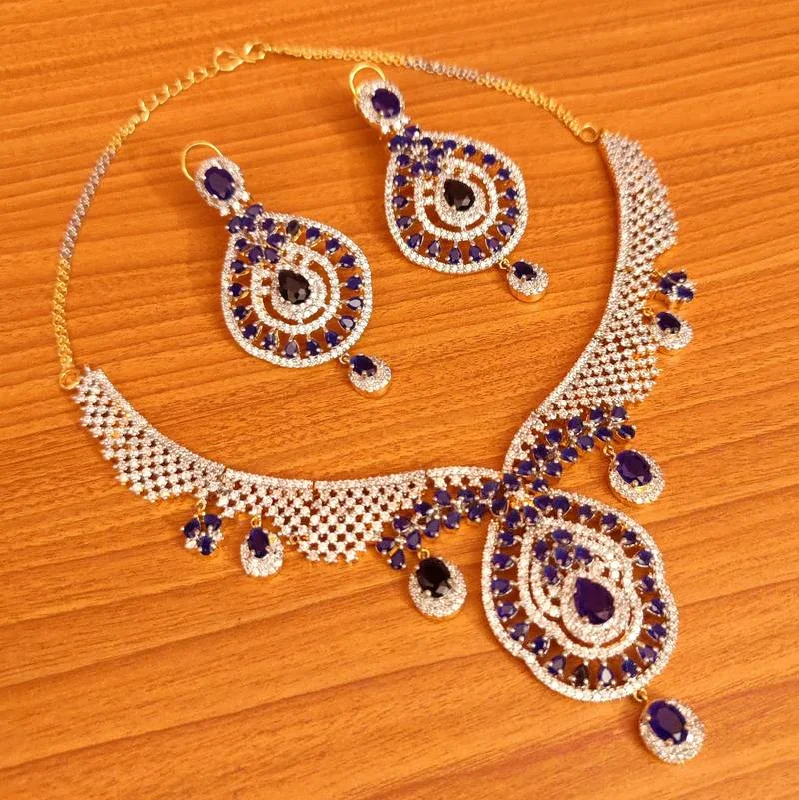 dainty necklaces for women -fashionable pendant necklaces for women -BLUE SAPPHIRE DIAMOND LOOK GOLD PLATED NECKLACE SET