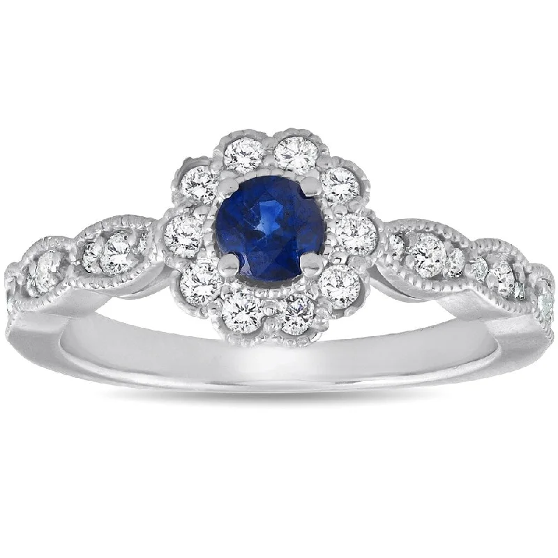 luxury diamond rings for women -modern diamond engagement rings -antique diamond engagement rings -Pompeii3 14k White Gold 5/8 Ct TW Genuine Blue Sapphire & Diamond Halo Engagement Anniversary Ring