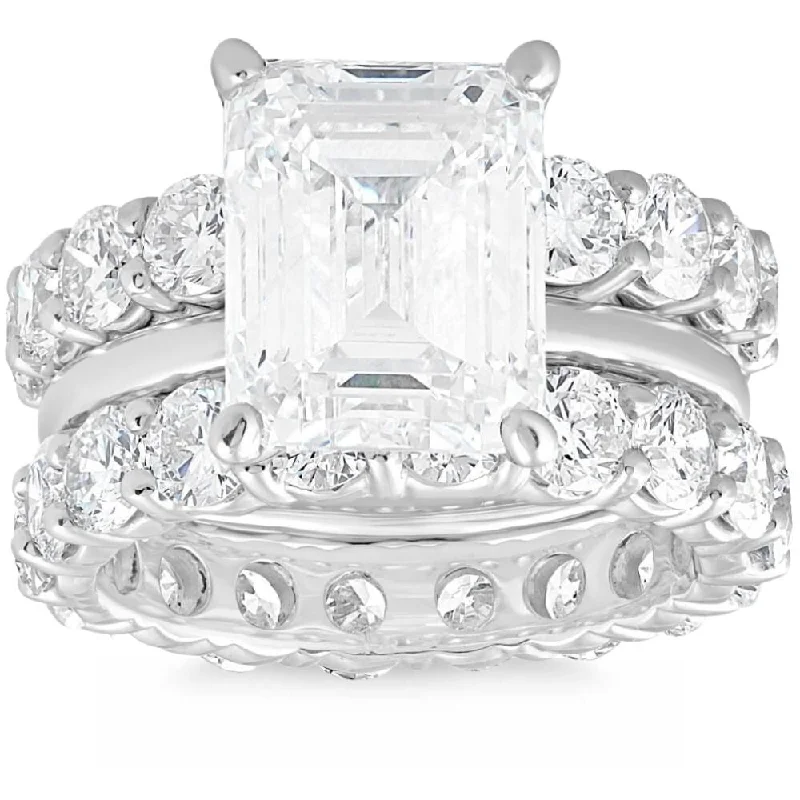 three-stone rings for women -affordable moissanite engagement rings -large gemstone engagement rings -11Ct Emerald Cut Moissanite & Lab Grown Diamond Engagement Eternity Ring Set