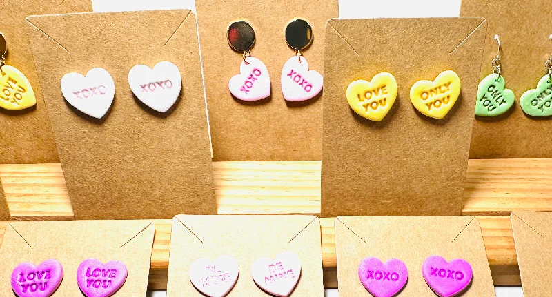 crystal earrings for women -silver hoop earrings for women -Conversation Heart Earrings/ Clay Earrings, Valentines Earrings/ Heart Earrings