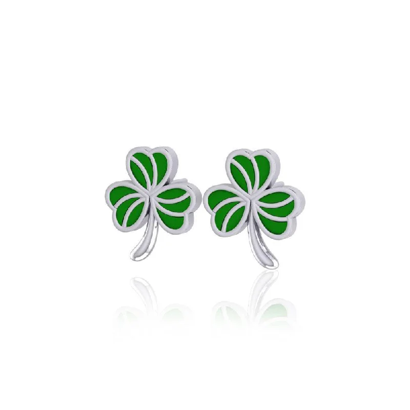 sparkling earrings for women -gold stud earrings for women -Shamrock with Green Enamel Silver Post Earrings TER1746