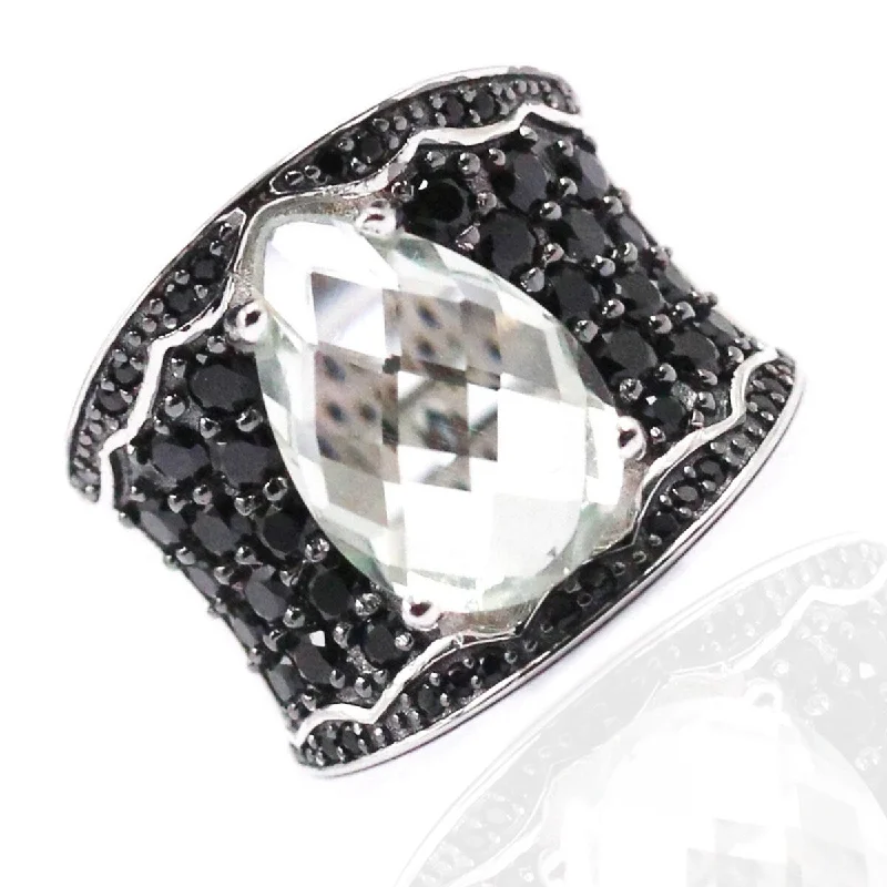 925 Sterling Silver Green Amethyst and Black Spinel Gemstone Band Ring