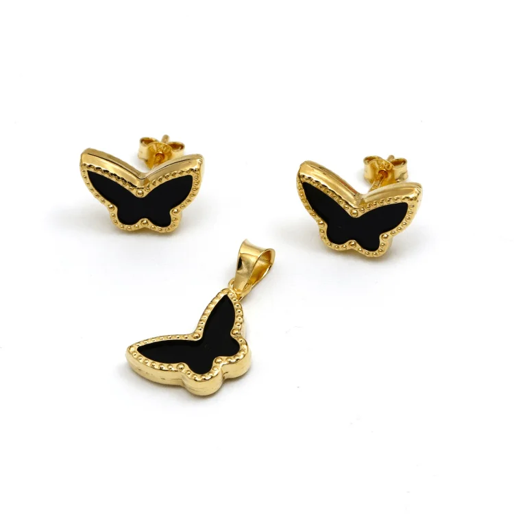 colorful stud earrings for women -diamond stud earrings for women -Real Gold Butterfly Black Earring Set + Pendant GZJVN0115-1PK SET1054