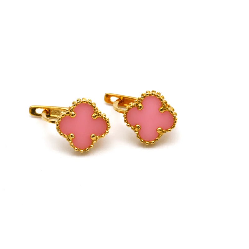 round drop earrings for women -drop earrings for women -Real Gold Pink Clover Press Clip Earring Set - Model GZJVN E1924